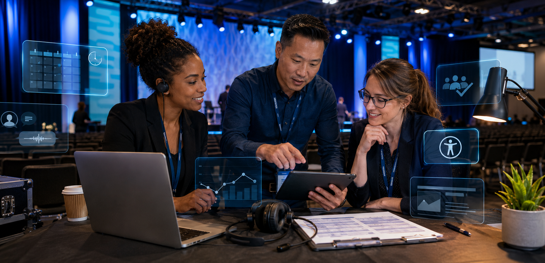 Event professionals collaborating at a conference while using AI-supported planning and production tools.