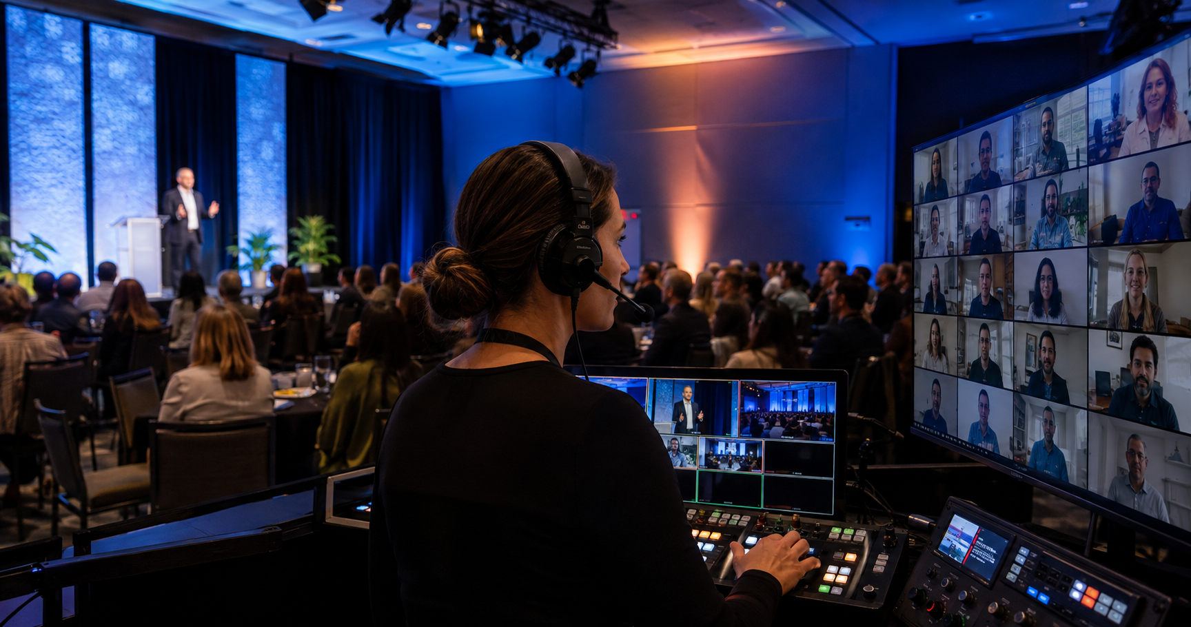 Producer managing an in-person conference and remote audience during a hybrid event.