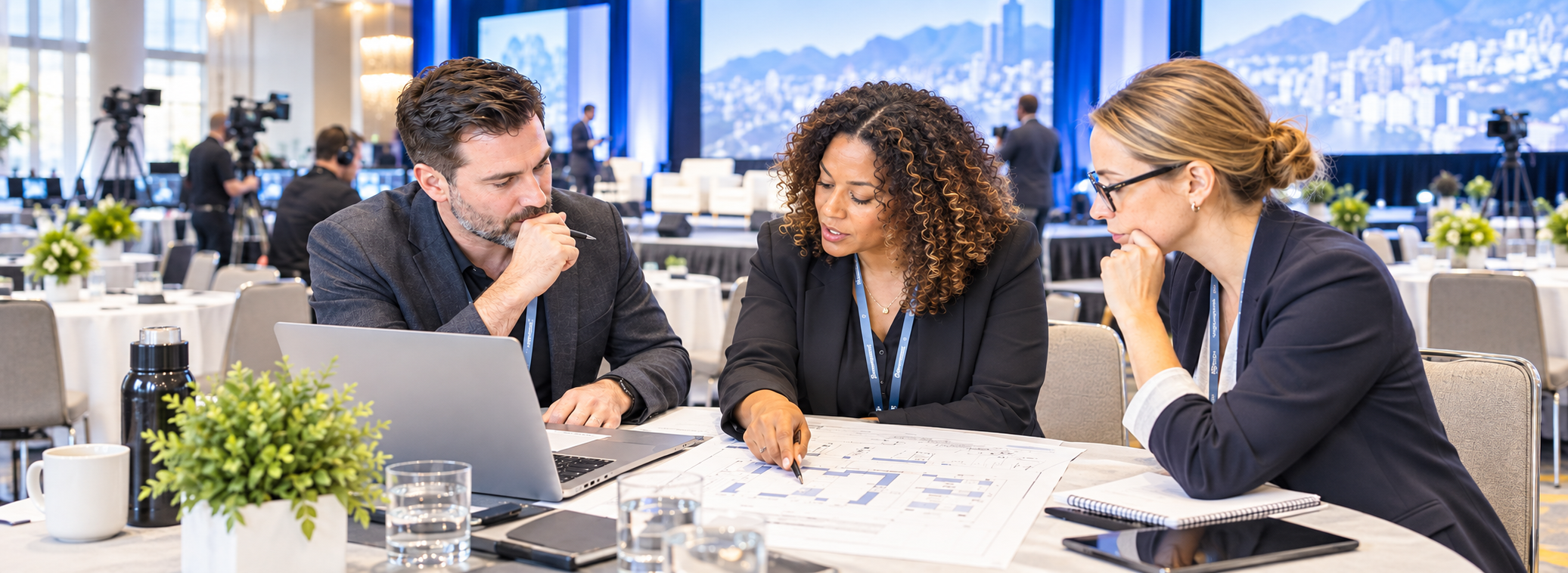 Event professionals reviewing virtual, hybrid, and AV production plans at a conference
