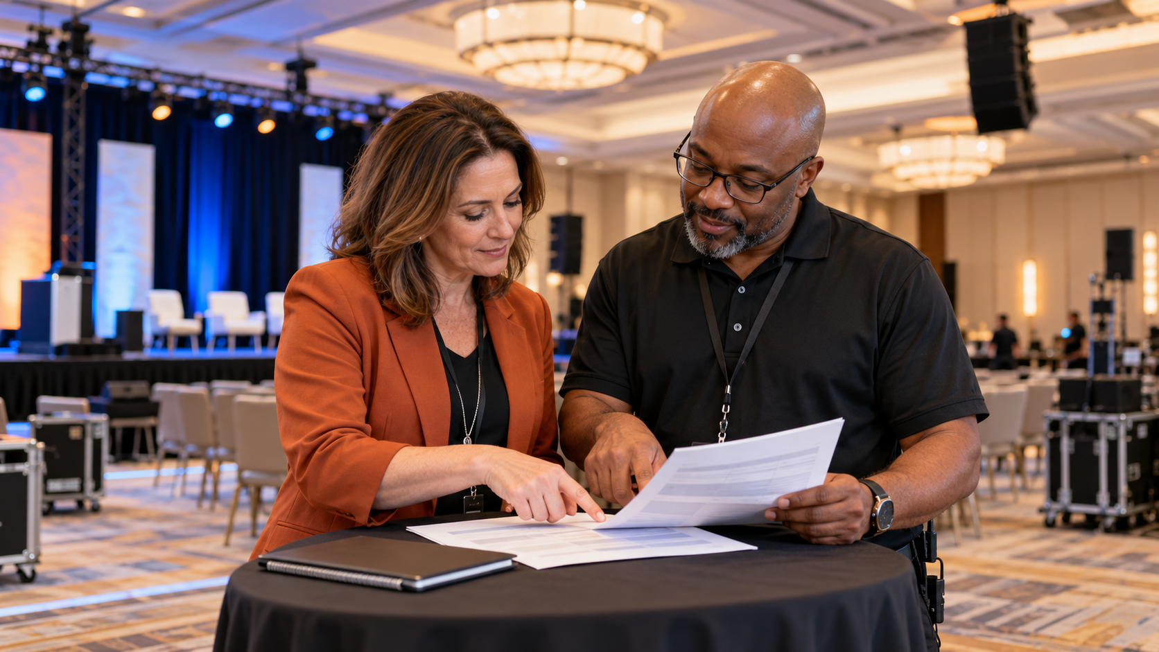 Event planner and AV production professional reviewing a conference proposal in a ballroom